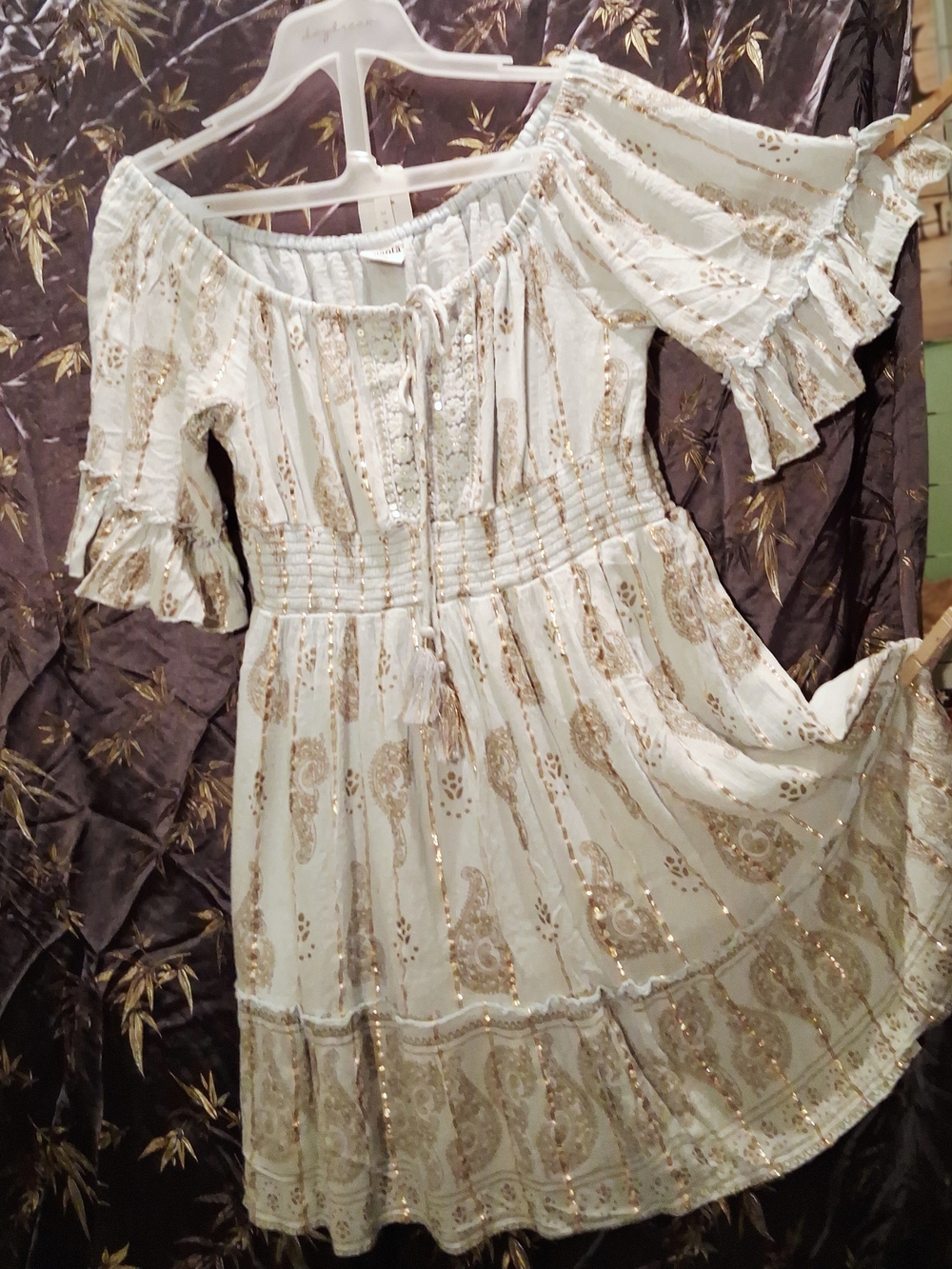 Off-Shoulder Pale Blue Mini Dress with Gold Paisley Accents